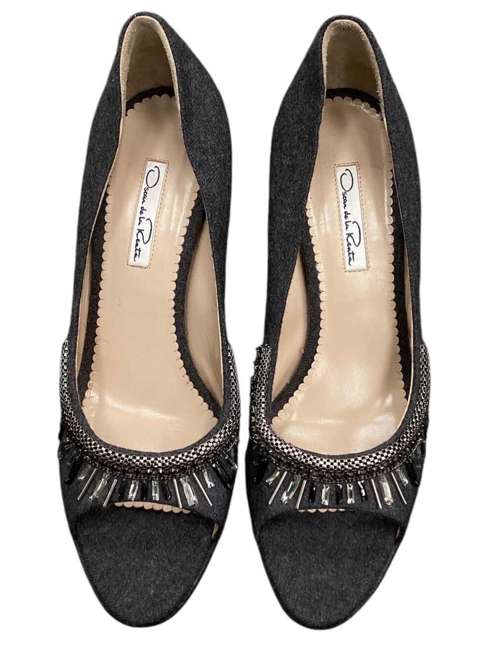 Oscar de la Renta Womenβs Open Toed Pumps Gray Flannel Swarovski Crystals S.39